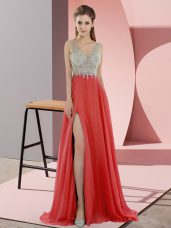 Lovely Coral Red Sleeveless Sweep Train Beading Prom Evening Gown