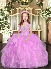 Lilac Ball Gowns Straps Sleeveless Organza Floor Length Lace Up Beading and Ruffles Little Girl Pageant Dress