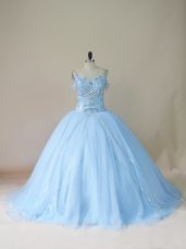 Sleeveless Beading Lace Up Sweet 16 Quinceanera Dress with Light Blue Brush Train