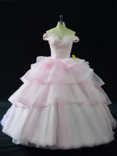 Hot Selling Pink Organza Lace Up Off The Shoulder Sleeveless Quince Ball Gowns Brush Train Beading and Ruffled Layers