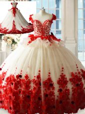 White And Red Ball Gowns Tulle Scoop Sleeveless Hand Made Flower Zipper Quinceanera Gown Brush Train