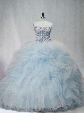 Romantic Sleeveless Beading and Ruffles Lace Up 15th Birthday Dress with Light Blue Brush Train