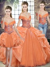 Organza Off The Shoulder Sleeveless Lace Up Beading and Ruffles Quinceanera Gowns in Orange