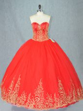 Red Tulle Lace Up Sweetheart Sleeveless Floor Length Quinceanera Dresses Beading