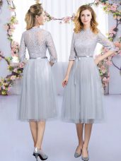 Half Sleeves Tulle Tea Length Zipper Bridesmaid Gown in Grey with Lace and Belt