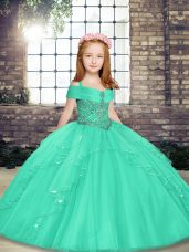 High Class Aqua Blue Ball Gowns Tulle Straps Sleeveless Beading Floor Length Lace Up Pageant Dress for Girls