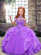 Classical Lavender Sleeveless Organza Lace Up Little Girls Pageant Dress