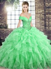 Latest Lace Up 15 Quinceanera Dress Apple Green for Military Ball and Sweet 16 and Quinceanera with Beading and Ruffles Brush Train