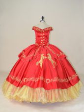 Luxury Sleeveless Floor Length Embroidery Lace Up Quinceanera Dress with Red