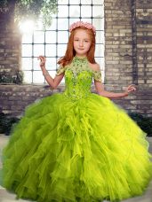 Floor Length Yellow Green Little Girls Pageant Dress Wholesale Tulle Sleeveless Beading and Ruffles