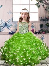 Beauteous Sleeveless Organza Floor Length Lace Up Little Girls Pageant Dress Wholesale in Green with Beading and Ruffles