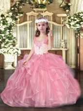 Popular Pink Ball Gowns Organza Straps Sleeveless Beading and Ruffles Floor Length Lace Up Child Pageant Dress