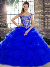 Great Royal Blue Off The Shoulder Lace Up Beading and Pick Ups Sweet 16 Dress Brush Train Sleeveless
