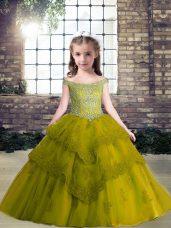 Off The Shoulder Sleeveless Tulle Pageant Dress for Teens Beading and Appliques Lace Up