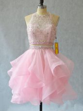 Baby Pink Two Pieces Beading and Ruffles Prom Party Dress Backless Tulle Sleeveless Mini Length