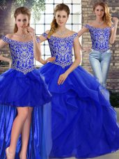 Charming Sleeveless Tulle Brush Train Lace Up Ball Gown Prom Dress in Royal Blue with Beading and Ruffles