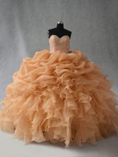 Colorful Gold Organza Lace Up Sweet 16 Dress Sleeveless Floor Length Beading and Ruffles and Pick Ups