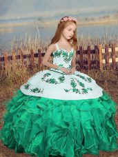 Turquoise Sleeveless Embroidery and Ruffles Floor Length Pageant Gowns For Girls