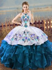 Halter Top Sleeveless Lace Up Quinceanera Gowns Blue And White Organza