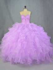 Best Selling Lavender Sleeveless Floor Length Beading and Ruffles Lace Up Quinceanera Gown