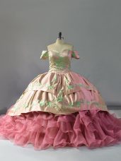 Fine Pink Ball Gowns Embroidery and Ruffles Ball Gown Prom Dress Lace Up Organza Sleeveless Floor Length