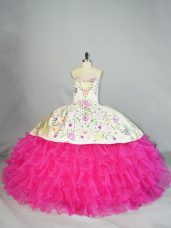 Fuchsia Lace Up Sweetheart Embroidery Quinceanera Gown Organza Sleeveless