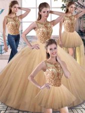 Simple Gold Ball Gowns Beading Sweet 16 Dress Lace Up Tulle Sleeveless Floor Length