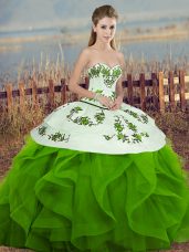 Tulle Sleeveless Floor Length 15 Quinceanera Dress and Embroidery and Ruffles and Bowknot