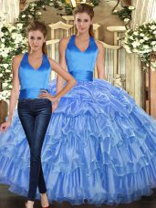 Organza Halter Top Sleeveless Lace Up Ruffles and Pick Ups Vestidos de Quinceanera in Baby Blue