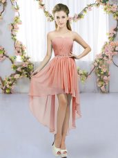 Amazing High Low Peach Quinceanera Court of Honor Dress Sweetheart Sleeveless Lace Up