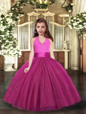 Lovely Halter Top Sleeveless Lace Up Little Girls Pageant Dress Wholesale Fuchsia Tulle