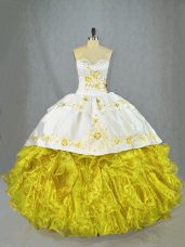 Sumptuous Yellow Sleeveless Brush Train Beading and Embroidery and Ruffles Sweet 16 Dress
