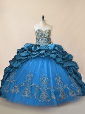 Inexpensive Blue Sleeveless Brush Train Beading and Pick Ups 15th Birthday Dress