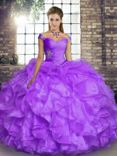 Lavender Off The Shoulder Lace Up Beading and Ruffles Vestidos de Quinceanera Sleeveless