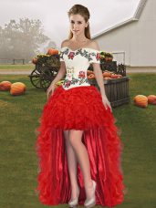 High Low Lace Up Prom Gown Red for Prom and Party with Embroidery and Ruffles