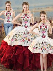 Inexpensive Floor Length White And Red Sweet 16 Quinceanera Dress Organza Sleeveless Embroidery and Ruffles