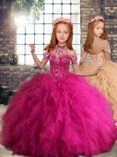 Hot Sale Beading and Ruffles Girls Pageant Dresses Fuchsia Lace Up Sleeveless Floor Length