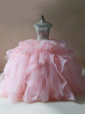 Sleeveless Brush Train Lace Up Beading and Ruffles Sweet 16 Dress