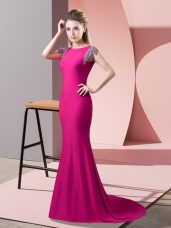 Low Price Short Sleeves Elastic Woven Satin Brush Train Backless Homecoming Dress in Hot Pink with Beading