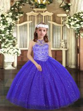 Royal Blue Ball Gowns Halter Top Sleeveless Tulle Floor Length Lace Up Beading Pageant Dress for Girls