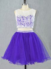 Customized Purple Zipper Scoop Lace and Appliques Dress for Prom Organza Sleeveless
