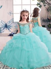 Pretty Aqua Blue Lace Up Scoop Beading Pageant Gowns For Girls Tulle Sleeveless