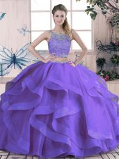 Tulle Scoop Sleeveless Lace Up Beading and Ruffles Sweet 16 Dress in Purple