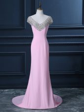 Elegant Pink V-neck Neckline Beading Dress for Prom Cap Sleeves Side Zipper