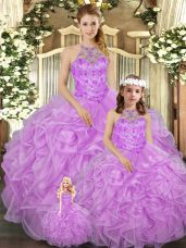 Sleeveless Tulle Floor Length Lace Up Ball Gown Prom Dress in Lilac with Beading and Ruffles