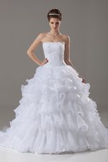 Noble White Wedding Gown Wedding Party with Lace and Ruffled Layers Strapless Sleeveless Brush Train Lace Up