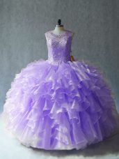 Pretty Floor Length Lavender Sweet 16 Dress Organza Sleeveless Beading and Ruffles