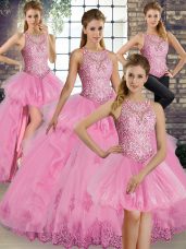 Floor Length Rose Pink Sweet 16 Quinceanera Dress Tulle Sleeveless Lace and Embroidery and Ruffles