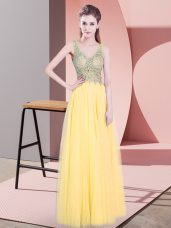 Gold Empire Beading Prom Dress Zipper Tulle Sleeveless Floor Length
