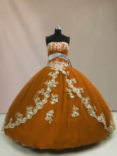 Captivating Sleeveless Floor Length Appliques Lace Up Quinceanera Dress with Brown